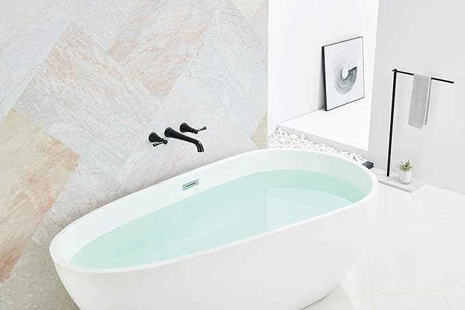 SITGES High Flow Matte Black Wall Mount Bathtub Faucet with Two Level Handles, Extra-Long 10.5" Spout Reach Solid Brass Wall Tub Filler with Rough-in Valve Included