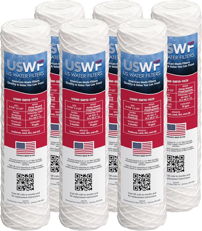 10 Micron 10 Inch x 2.5 Inch | 6-Pack String-Wound Polypropylene Whole House by USWaterFilters