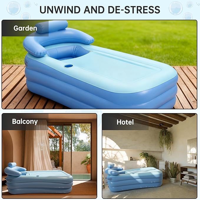 Portable Inflatable Bathtub with Electric Air Pump, Foldable Portable Freestanding Tub, Built-in Water Pillow & Back Support, Cup Holder, Insulated PVC, Includes Repair Patches for Indoor/Outdoor Use
