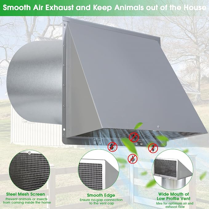 6 Inch Hooded Wall Vent with Screen and Damper, 6 Inch Exhaust Vent Cover Cap - Image 3
