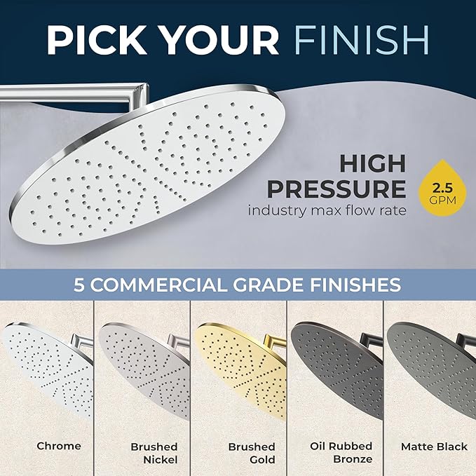 HammerHead Showers® Solid Metal 12 Inch Rainfall Shower Head, Large Rain Shower Head, 2.5 GPM High Flow Shower Head Optimized for Pressure, Wall-Mounted or Ceiling Rain Shower Head, Brushed Nickel