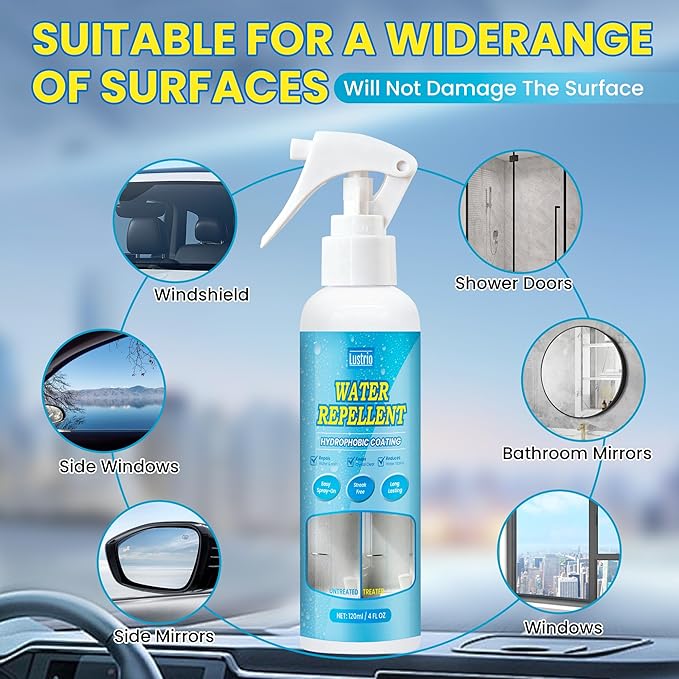 Glass Water Repellent and Rain Repellent Spray, Hydrophobic Coating for Car Windshield, Auto Glass, House Windows, Mirrors, Long-Lasting Waterproof Protection 4oz/120ml
