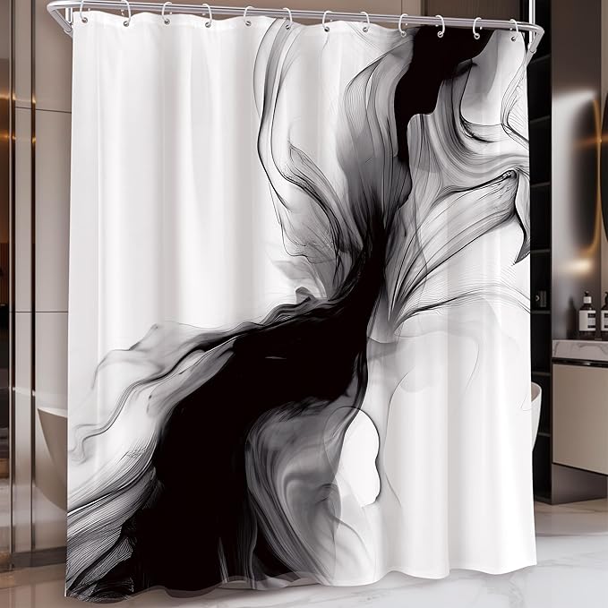 Cinbloo Black and White Shower Curtain 60Wx72H Abstract Bathroom Decor for Men Modern Ombre Grey Minimalist Marble Shower Curtain Set Elegant Ink Texture Neutral Shower Curtain Fabric with 12 Hooks