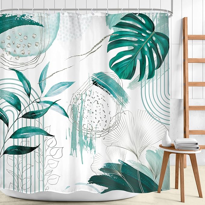 Green Boho Shower Curtain 72Wx72H Bohemian Modern Abstract Teal Tropical Palm Leaves Plant Arch Lines Mid Century Bathroom Decor Minimalist Geometric Bath Curtain Fabric Polyester 12 Pack Hooks