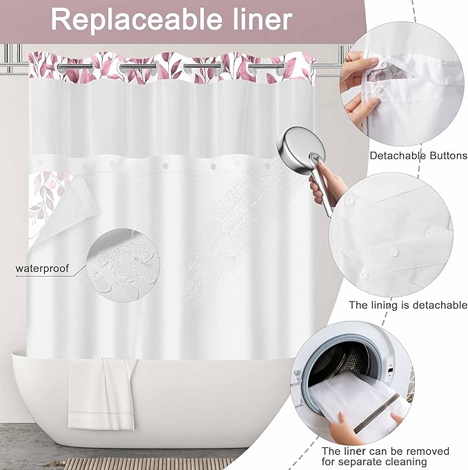 No Hook Shower Curtain and Liner Set, Dark Red Eucalyptus Floral Shower Curtains for Bathroom, Bath Curtain Sets with Snap in Liner, Waterproof with See Through Top Window, 71x74 Inches