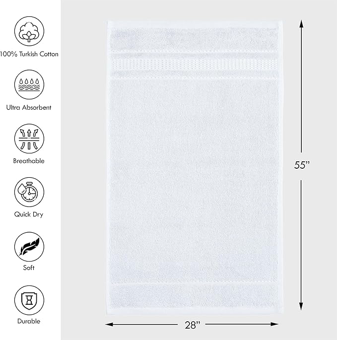 Melissa Linen, Bright White Bath Towels, Set of 2, 100% Turkish Cotton Bath Towels for Bathroom, Absorbent, Quick Dry, Durable and Soft Shower Towel, 28 in x 55 in, Spa and Hotel Quality