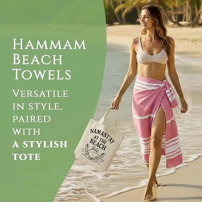 Turkish Cotton Beach Towel Pack of 6 & 1 Boho Tote Bag - Hammam Towels - No Shrink - Quick Dry - Lightweight - Sand Free - Camping - Pool - Tanning - Beach Essentials - Coral (40"x70")