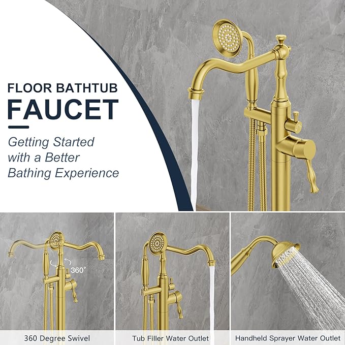 Brushed Gold Bathtub Faucet Freestanding Tub Filler High Pressure Single Handle Bathtub Filler Floor Mounted Brass Bathroom Tub Faucets with Handheld Shower