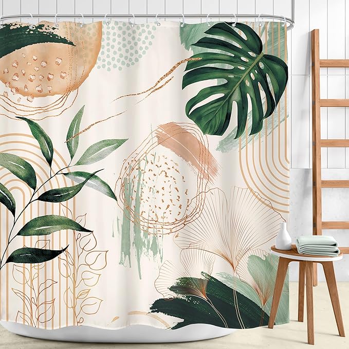 Boho Shower Curtain 72Wx72H Modern Bohemian Abstract Tropical Green Leaves Plant Palm Mid Century Botanical Minimalist Bathroom Decor Geometric Arch Bath Curtain Fabric Polyester 12 Pack Hook