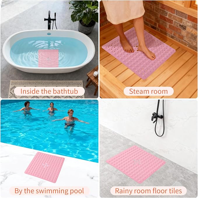 Anti-Slip Bathtub Shower mat, 20.8×20.8（Approximately 53×53cm） inch Soft Oversized Machine Washable Non-Slip Bathtub mat with Drainage Holes, Bathroom Floor Suction Cup.（1-Opaque Pink）