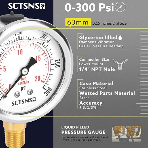 2-1/2" Dial Size, 0-300 Psi Pressure Gauge, Glycerin Liquid Filled, 1/4" NPT - Image 2
