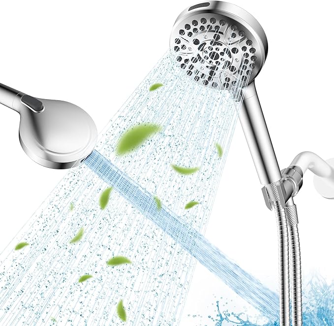 Hibbent cUPC Certified High Pressure 10-mode Shower Head, Handheld Showerhead with Adjustable Brass Joint Holder, 71" Metal Hose, Anti-clog Nozzles, Built-in Power Wash to Clean Tub & Pets, Chrome