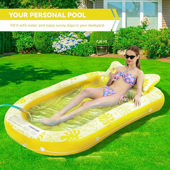 Inflatable Tanning Pool Lounger Float with Cervical Pillow - Pool Floats Adult for Sunbathing, Backyard, Pool Party - Inflate Ball Pit for Babies - Kids Swimming Pool Bed