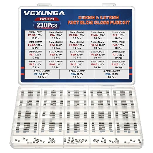VEXUNGA 23Values 230pcs 125V Glass Fuses Kit 0.5A 1A 1.25A 1.6A 2A 2.5A 3A by VEXUNGA