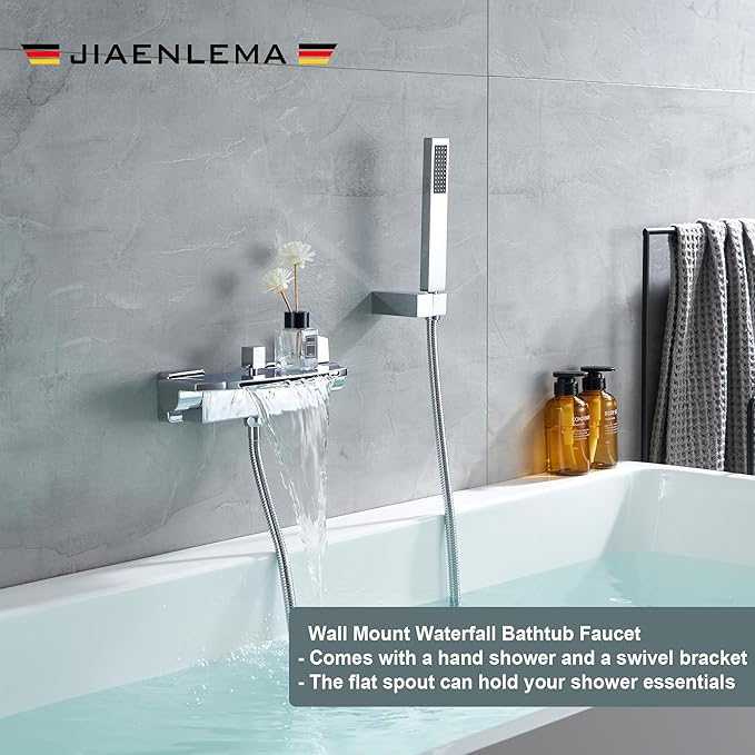 Wall Mount Tub Faucets Chrome Waterfall Tub Faucet with Sprayer, Wall Mount Tub Filler, Brass Bathtub Wall Faucet with Hand Shower, 2 Handles - JIAENLEMA