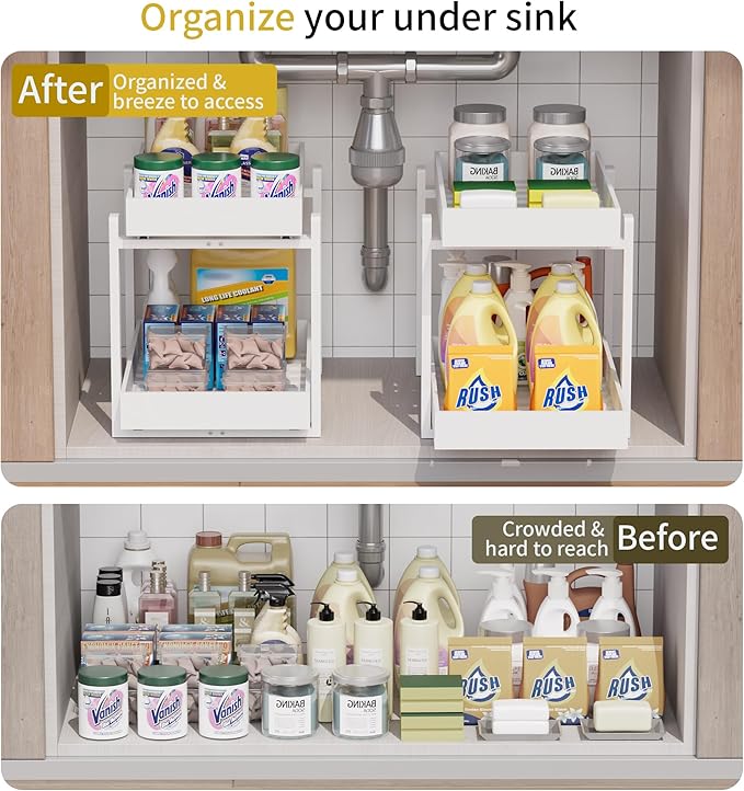 Bamboo Wood Under Sink Organizer 2 Pack, Pull Out Cabinet Organizer 2 Tier Under Sink Organizers and Storage with Sliding Drawer Sturdy Easy Assembly for Kitchen Bathroom Undersink, White