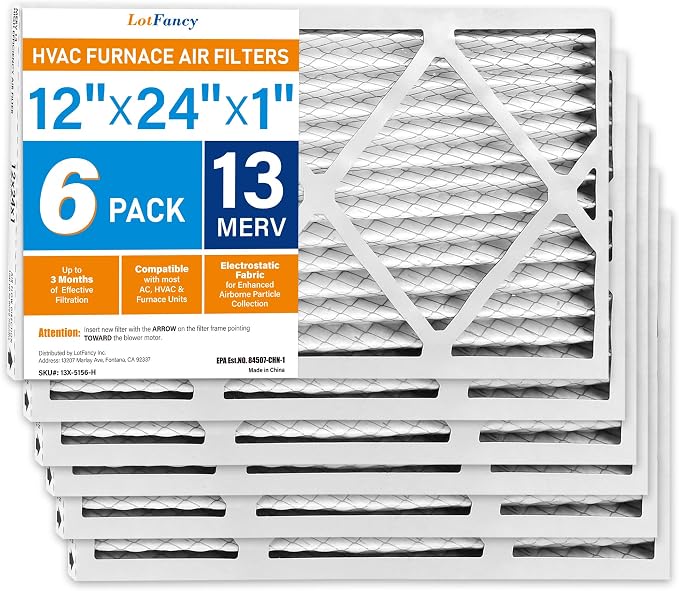 LotFancy 12x24x1 Air Filter MERV 13 6-Pack, Electrostatic Pleated HVAC Furnace by LotFancy