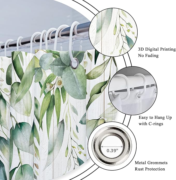 Riyidecor Sage Green Eucalyptus Leaves Shower Curtain for Bathroom Decor 72Wx72H Wooden Rustic Leaf Plants Botanical Spring Floral Art Printed Fabric Polyester Waterproof 12 Pack Plastic