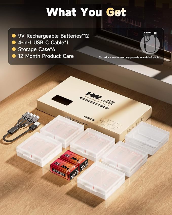 HW 9 Volt Rechargeable Batteries 12 Pack, 1400mAh 9V Lithium Battery - Image 5