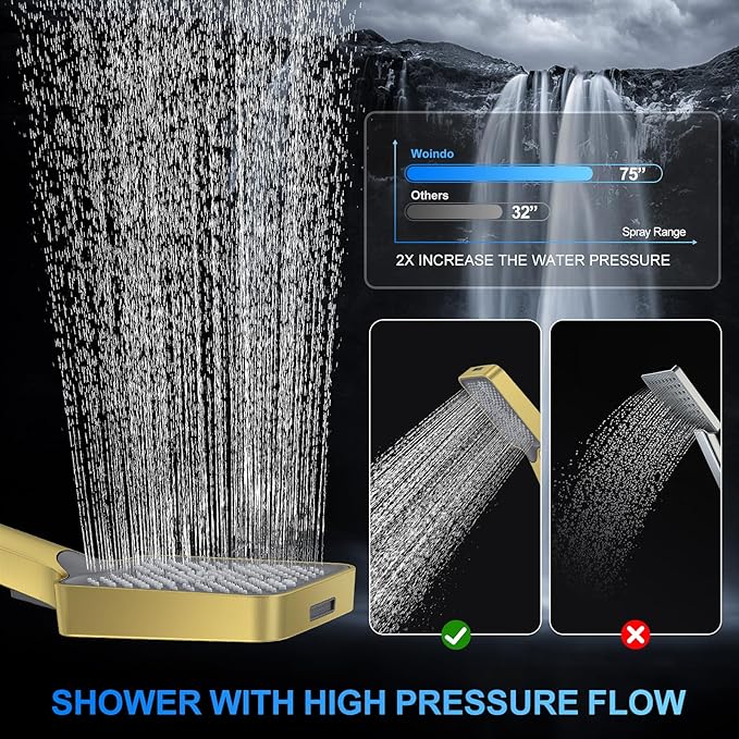 Shower Faucet Set, 10" Ceiling Mount Rainfall Shower System with 2 Rain Shower Head and Multi-function Handheld Head Push Button Diverter Shower Faucet Trim Kit Brushed Gold