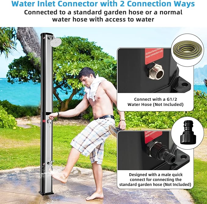 Giantex 7.2 FT 10 Gallon 2-Section Solar-Heated Outdoor Shower, Pool Shower W/Free-Rotating Shower Head, Foot Tap Spigot, Faucet, Temperature and Pressure Adjustment for Backyard, Garden, Beach Spa