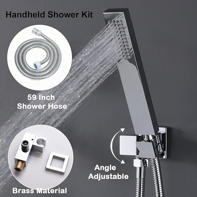 Bathroom Rainfall Shower System Wall Mount 8 Inch Shower Head With Handled Spray 6 Pcs jets Temperature Display Shower Faucet Set (Chrome)