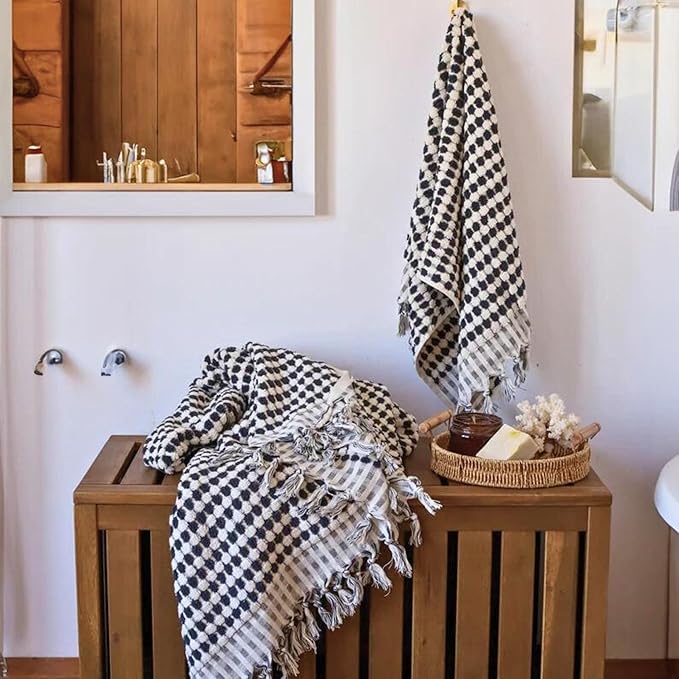 Pom Pom Turkish Bath and Beach Towels - Thick, Soft, Luxurious 100% Turkish Organic Cotton Bubble Weave Towels (Black, 35 x 67 Bath Size)
