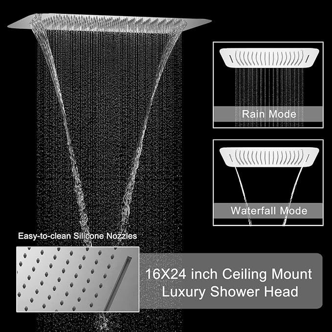 Polished Chrome Shower Set with 16X24 inch Ceiling Mount Showerhead(Two Modes), Handheld Spray and 6 PCS Body Jet, 4 Way Digital Temperature Display Shower System