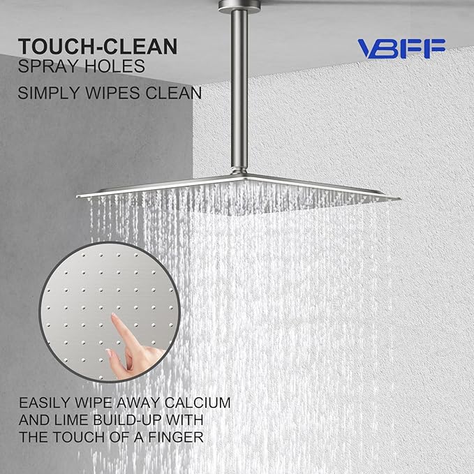 VBFF-Shower Head,rain shower head, 12 inch- Square Shower Head, 1.8 GPM Flow Rate, rainfall showerhead,VBFF09 (Brushed Nickel)