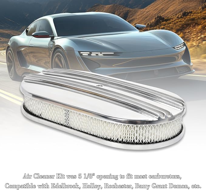 15" Polished Aluminum Air Cleaner Assembly Kit Alloy Oval Partial Half Finned - Image 7
