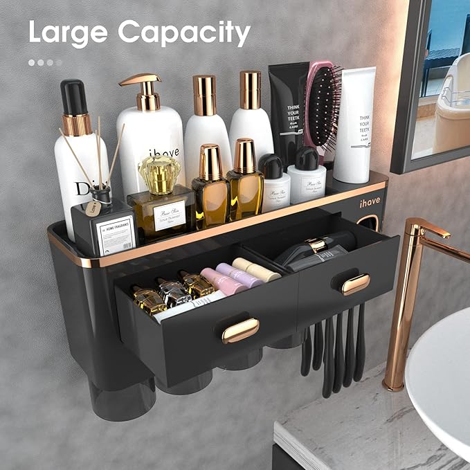 iHave Toothbrush Holders for Bathrooms - Upgrade Wall Mounted Toothbrush Holder with Toothpaste Dispenser - 4 Cups, Large Capacity Tray, 2 Cosmetic Drawer - Bathroom Organizers and Storage