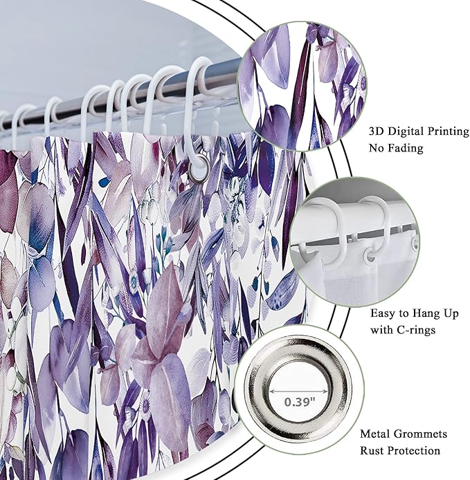 Riyidecor Small Stall Rv Narrow Single Shower Curtain for Bathroom Decor 36Wx72H Stand Up Half Purple Eucalyptus Plants Leaves Botanical Art Printed Fabric Polyester Waterproof 7 Pack Plastic