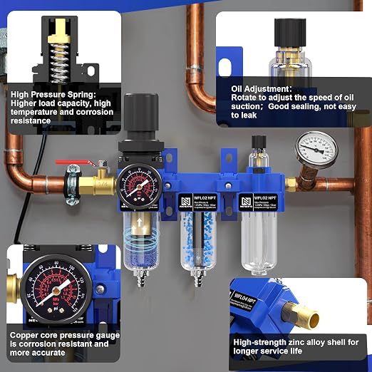 NEWPO 1/4" NPT Compressed Air Filter Regulator Lubricator Combo, Water/Oil Trap - Image 6
