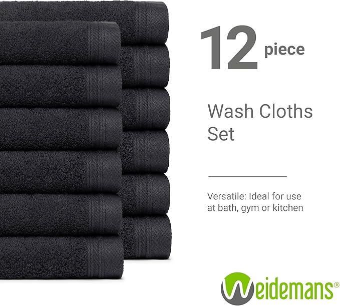 100% Cotton Washcloths Set 13” x 13” | Black Towels | Set of 24 Ultra Soft and Highly Absorbent Washcloths Sets for Bathroom, Gym, Hotel, Spa | Machine Washable Face Towel