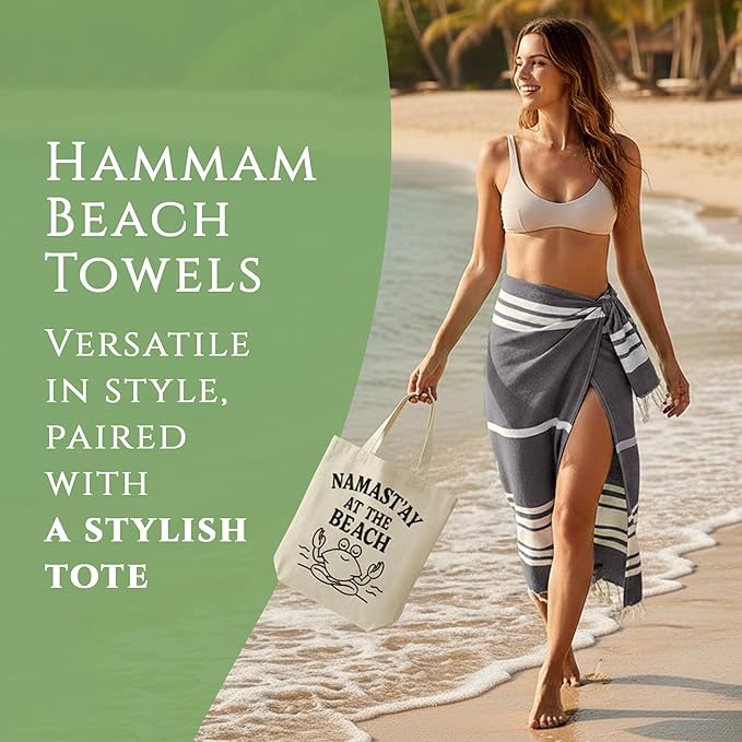 Turkish Cotton Beach Towel Pack of 6 & 1 Boho Tote Bag - Hammam Towels - No Shrink - Quick Dry - Lightweight - Sand Free - Camping - Pool - Blue,Gray,Purple, Coral,Green,Navy (40"x70")