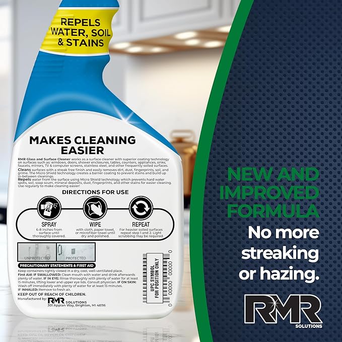 RMR Shower Spray, 2-in-1 Glass and Surface Cleaner Plus Repellent, Streak-Free Multi-Surface Treatment for Window, Car, and More, 30-Fluid Ounce Spray Bottle