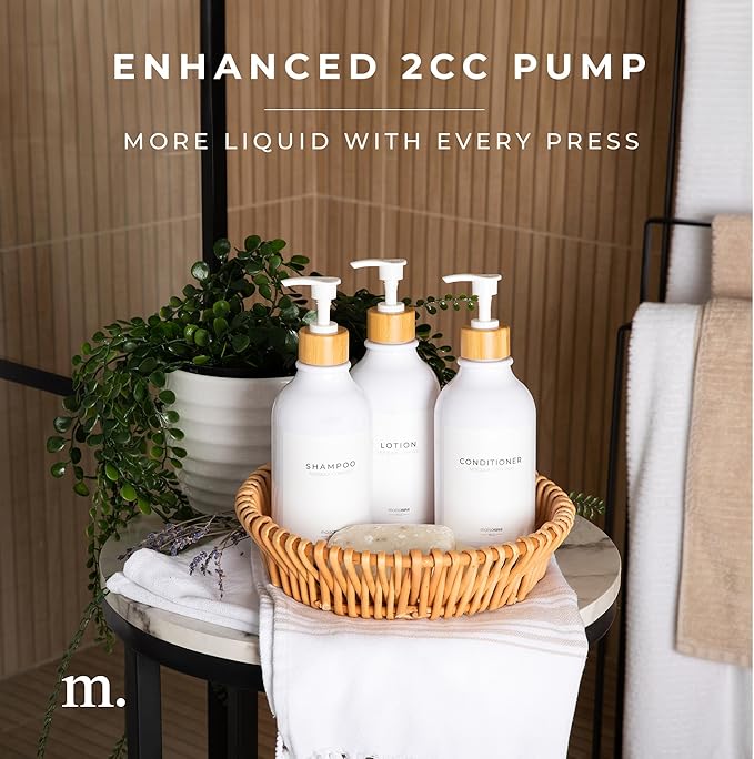 MaisoNovo Refillable Shampoo and Conditioner Bottles | 16.9 fl oz Set of 3 White Plastic Bottles White Bamboo Pumps