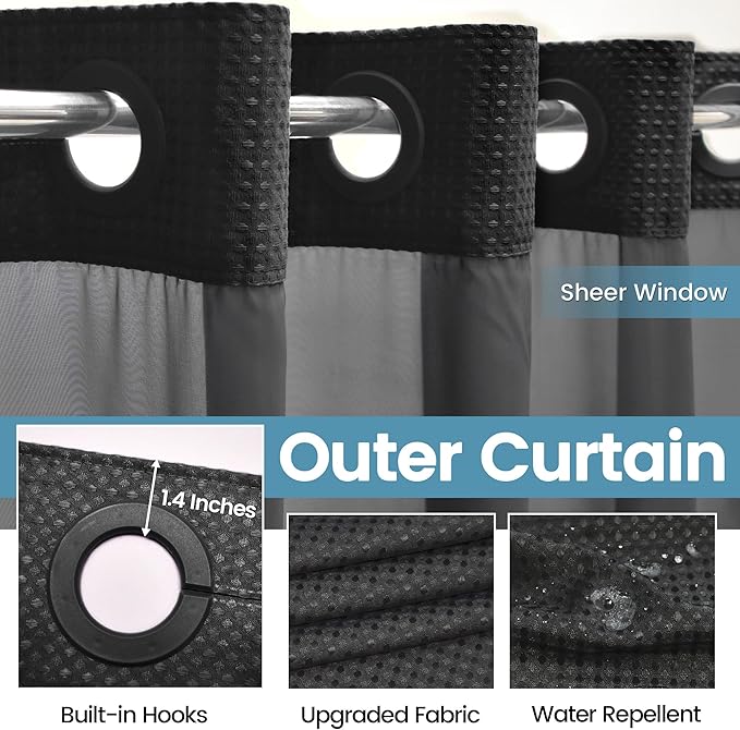 Stall No Hook Shower Curtain with Snap in Liner,230GSM Waffle Weave Shower Curtains for Bathroom,36W x 74H,Black