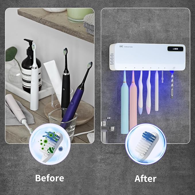 UV Toothbrush Sanitizer Holder for Bathrooms, 5+1+1 Slots Toothbrush Sanitizer and Holder, Rechargeable Cordless Wall Mounted Tooth Brush Holder with Heating Functions, No Drilling (White)