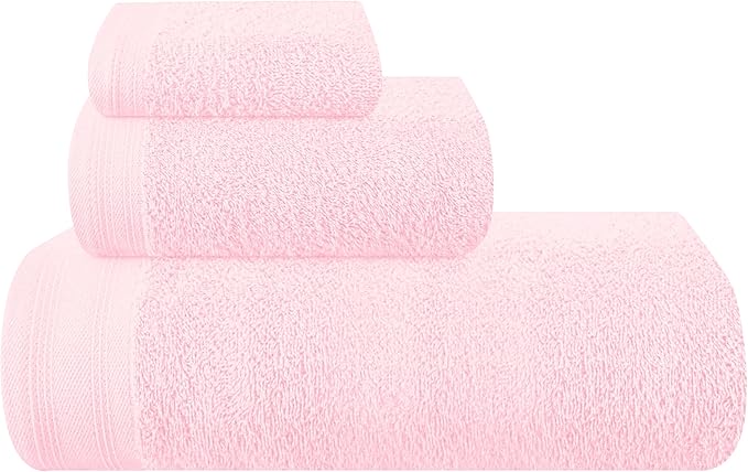 Ultra Soft 3 Pack Cotton Towel Set, Contains a Bath Towels 28x55 inch, a Hand Towels 16x24 inch & a Wash Coths 12x12 inch, Ideal Everyday use, Compact & Lightweight - Pink, Medium