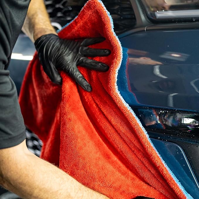 Autofiber [Dreadnought Max] Triple Layer Microfiber Car Drying Towel | Twist Pile | 1400GSM | 1 Pack (20"x30", Blue/Red)