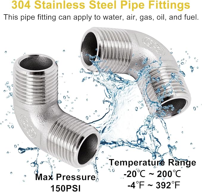 1/2" x 1/2" NPT 90 Degree Elbow 304 Stainless Steel Pipe Fittings Male Threaded - Image 5