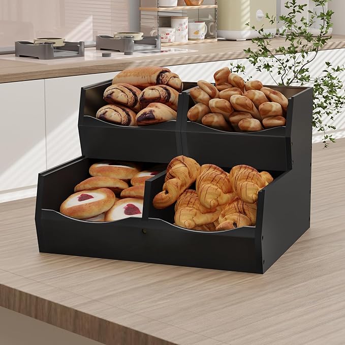 3 Set Bamboo Pantry Organizers and Storage, Open Front Vegetable Fruit Seasonings Stackable Storage Bins, Rustic Stacking Storage Bins for Pantry, Office, Bedroom, Kitchen Counter Organizer (Black)