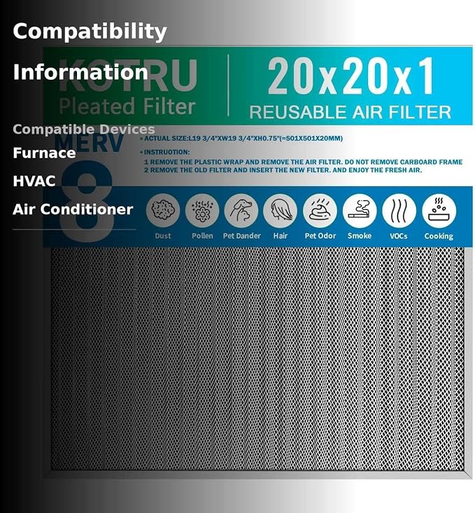 20x20x1 Reusable Air Filter Kit: Includes 4 replaceable MERV 13 filter pads and - Image 4