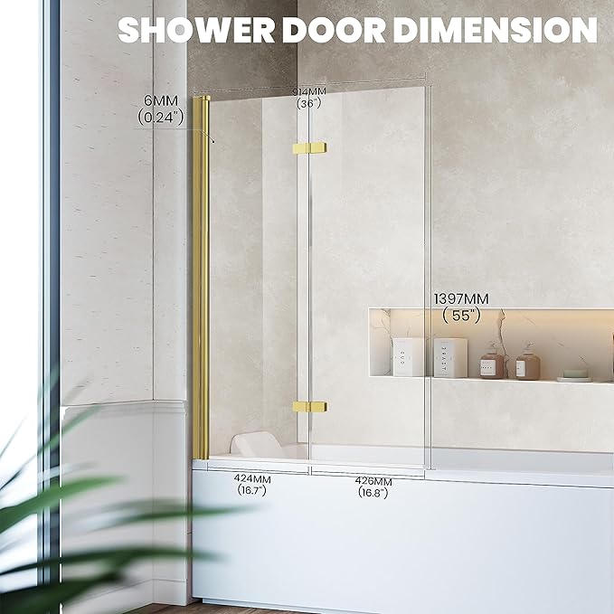 Bathtub Folding Shower Glass Door, 36" W*55" H Pivot H-Type Frameless Tub Shower Door, Clear Tempered Glass Shower Screen Panel for Bathroom, Brushed Gold