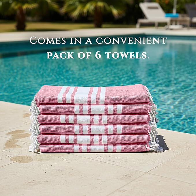Turkish Cotton Beach Towel Pack of 6 & 1 Boho Tote Bag - Hammam Towels - No Shrink - Quick Dry - Lightweight - Sand Free - Camping - Pool - Tanning - Beach Essentials - Coral (40"x70")
