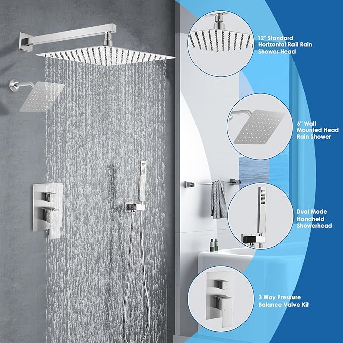 12" Shower Faucet Set Rain Shower System with 6" Wall Mounted Head Full Body Luxury Rain Shower System Rainfall Shower Head with Handheld Combo,3 Way Pressure Balance Valve Kit,Brushed Nickel