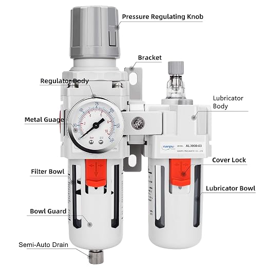 NANPU 3/8" NPT Compressed Air Filter Regulator Lubricator Combo Water/Oil Trap - Image 2