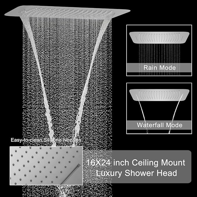 Brushed Nickel Digital Display Shower System with 16X24 inch Ceiling Mounted Shower Head(Rain&Waterfall Modes), with Handheld Spray and 6 PCS Dual Modes Body Jet