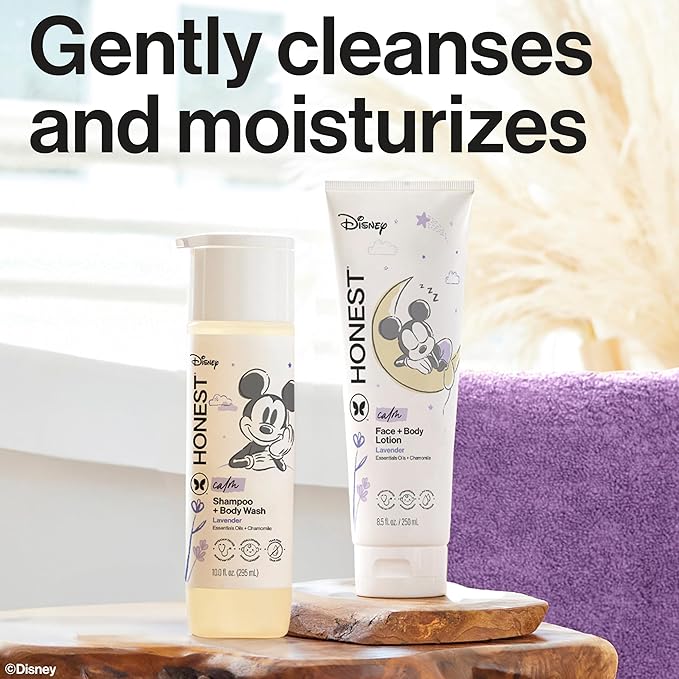 The Honest Company 2-in-1 Cleansing Shampoo and Body Wash Face Lotion Bundle Disney Design Gentle Enough for Baby Dermatologist Tested Calm Lavender 18.5 fl oz